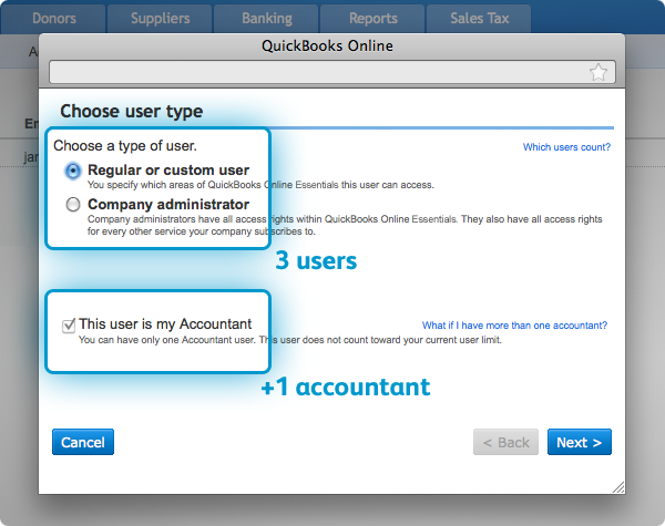 Screenshot - 3 user licenses, plus 1 for your accountant