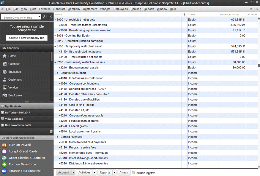 quickbook standard accounts